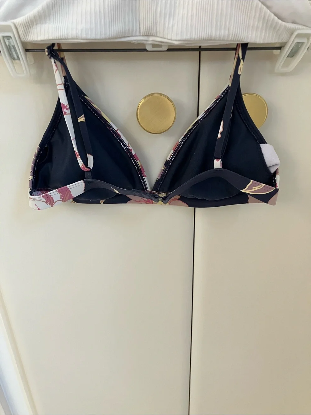 Bikini:  Floral Print Navy Bralette Top with white bottoms
